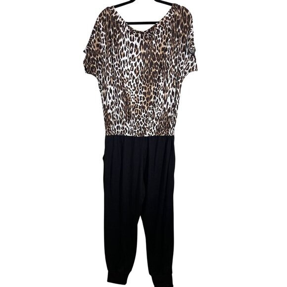 Eldridge Jumpsuit Women XL Black Animal Print Jogger Safari Neutral Mob Wife 80s - Picture 1 of 11